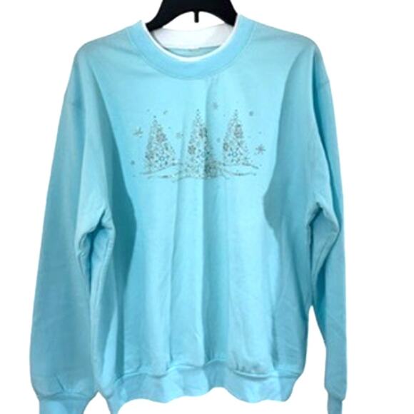 Baby Blue Christmas Sweatshirt,NEW,Beautiful, Sparkly, Bling, Tress, Pastels,L? - Picture 3 of 6